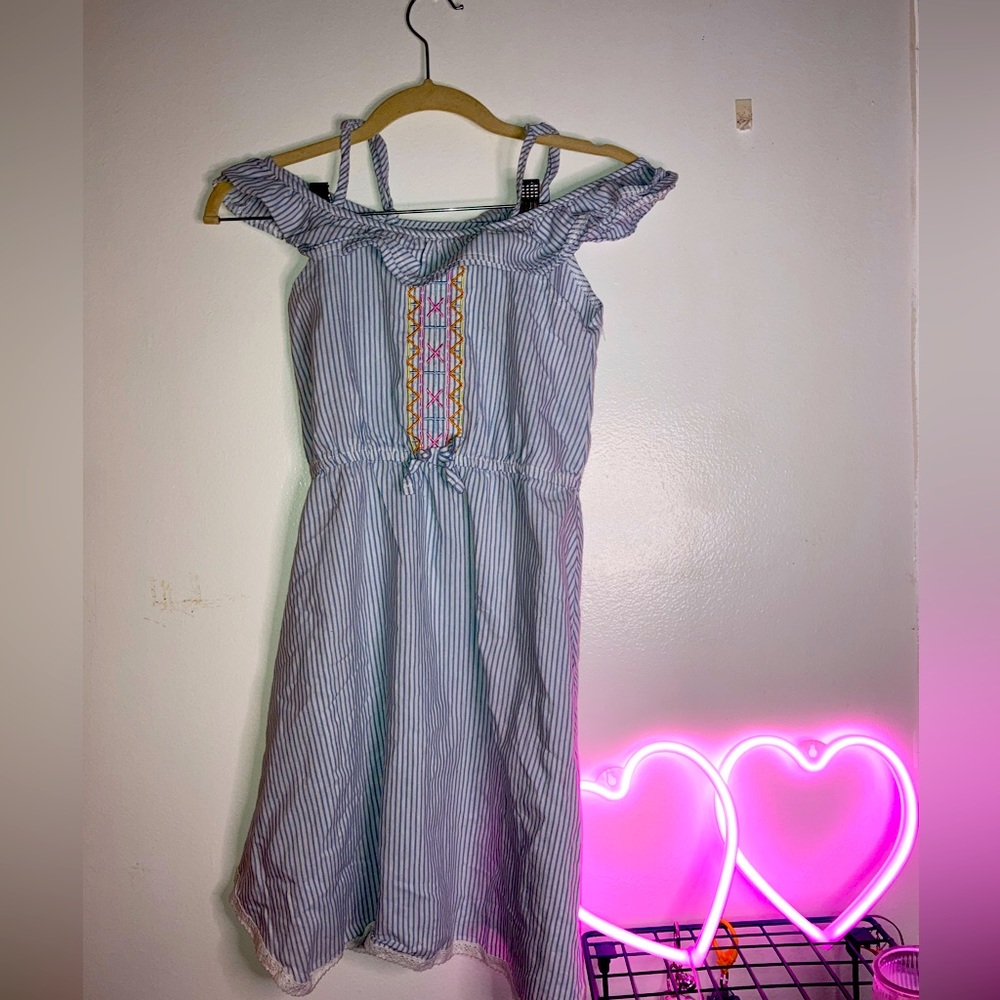 Dollhouse Big Girls Blue Pinstripe Off Shoulder Ruffle Dress